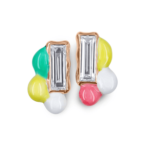 The Color Palette | Jingyayi | front view of a pair of crisp baguette cut Moissanite stone in artistic organic shaped pastel color enamel earrings.