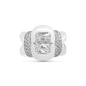 front view of a scintillating 18K Gold White Jade Radiant-Cut Diamond Ring - jingyayi - White Gold