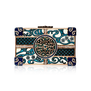 Minaudiere | Jingyayi | A luxe statement clutch: beautifully hand crafted from 18k solid rose gold and premium enamel. Adorned with bold patterns inspired from classical garden and architecture of Suzhou, and artistic totems from Chinese dynasties.