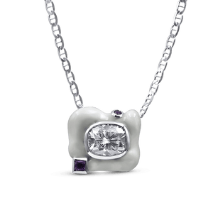 front view of Cushion-Cut Moissanite Enamel Pendant in Pearl Grey with white gold chain - handmade by Jingyayi - White Gold