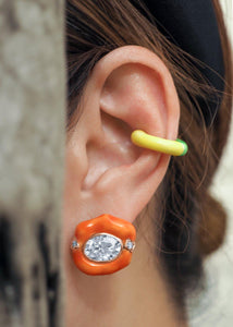 An elegant female wearing Oval-Cut Moissanite Enamel Earring in Vibrant Orange - jingyayi - Rose Gold